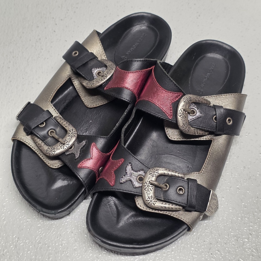 Zara Cowboy Buckle Flat Sandals Leather Size 40 Womens 9